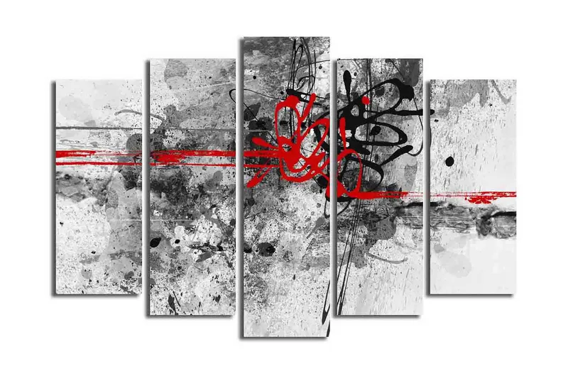 Suuri 5-osainen canvas-taulu 105x70 cm - Abstrakti sommitelma mustilla ja punaisilla viivoilla, Punainen / Musta / Harmaa