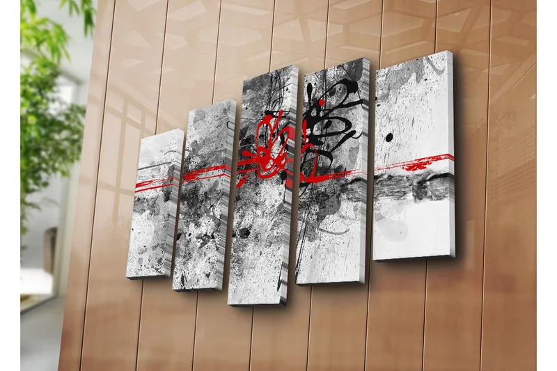 Suuri 5-osainen canvas-taulu 105x70 cm - Abstrakti sommitelma mustilla ja punaisilla viivoilla - Punainen / Musta / Harmaa - Sisustustuotteet - Taulu & taide - Canvas-taulu