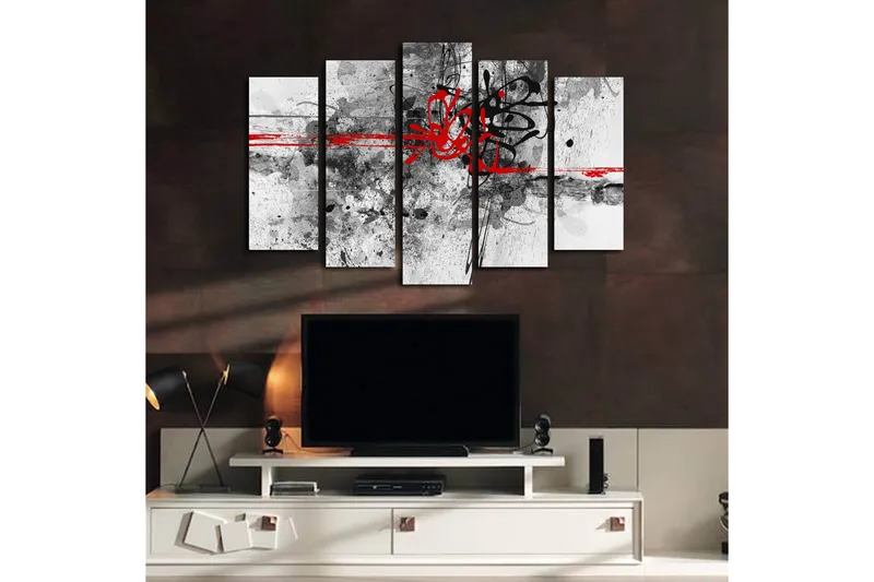 Suuri 5-osainen canvas-taulu 105x70 cm - Abstrakti sommitelma mustilla ja punaisilla viivoilla - Punainen / Musta / Harmaa - Sisustustuotteet - Taulu & taide - Canvas-taulu