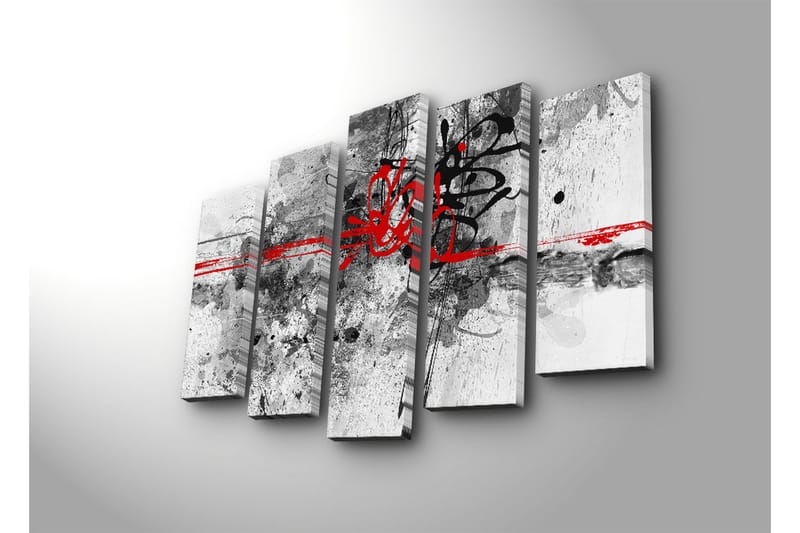 Suuri 5-osainen canvas-taulu 105x70 cm - Abstrakti sommitelma mustilla ja punaisilla viivoilla - Punainen / Musta / Harmaa - Sisustustuotteet - Taulu & taide - Canvas-taulu
