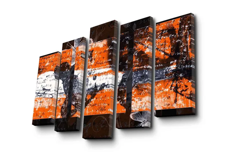 Suuri 5-osainen canvas-taulu 105x70 cm - Abstrakti sommitelma oransseilla ja mustilla elementeillä, Oranssi / Musta