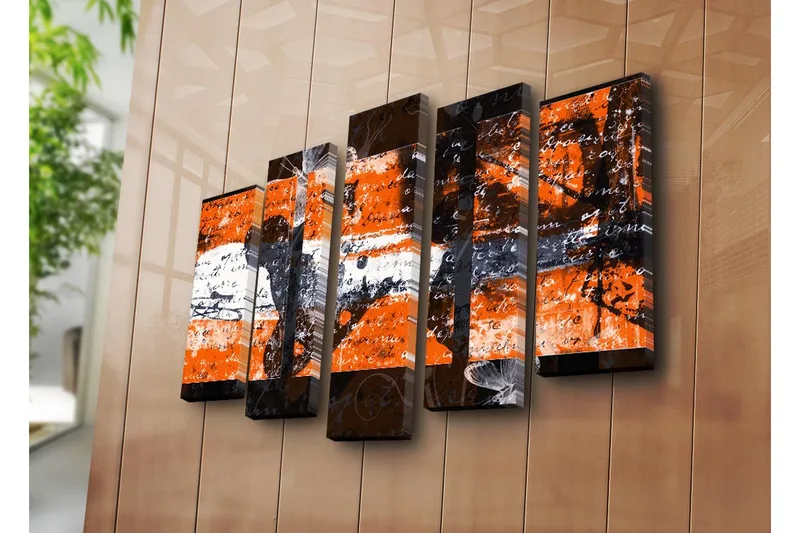 Suuri 5-osainen canvas-taulu 105x70 cm - Abstrakti sommitelma oransseilla ja mustilla elementeillä - Oranssi / Musta - Sisustustuotteet - Taulu & taide - Canvas-taulu