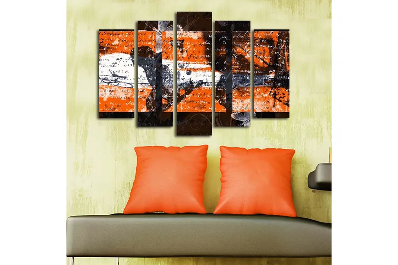 Suuri 5-osainen canvas-taulu 105x70 cm - Abstrakti sommitelma oransseilla ja mustilla elementeillä - Oranssi / Musta - Sisustustuotteet - Taulu & taide - Canvas-taulu