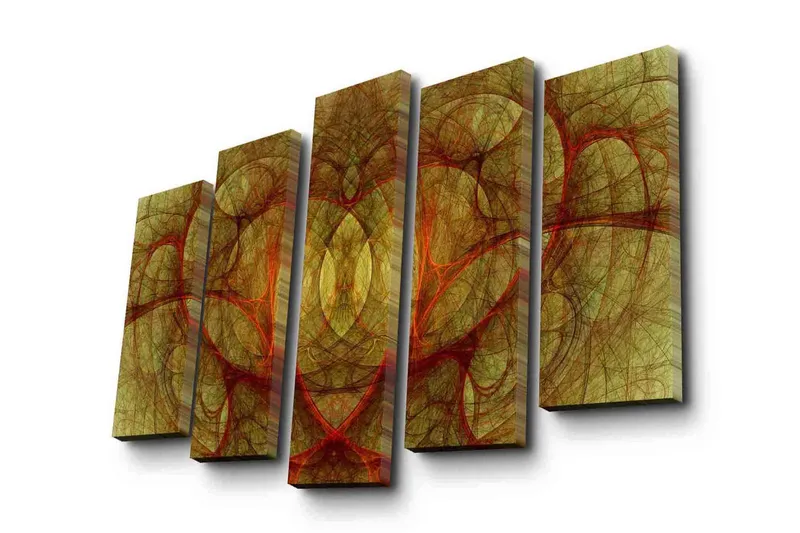 Suuri 5-osainen canvas-taulu 105x70 cm - Abstrakti sommitelma orgaanisilla muodoilla lämpimissä sävyissä, Kulta / Punainen / Ruskea