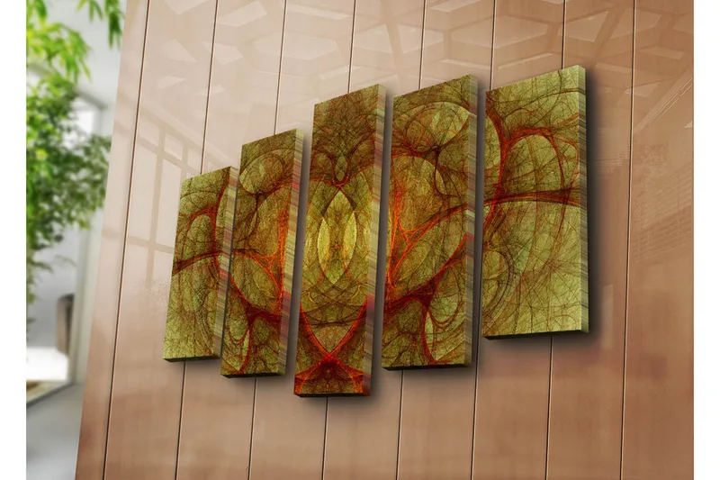 Suuri 5-osainen canvas-taulu 105x70 cm - Abstrakti sommitelma orgaanisilla muodoilla lämpimissä sävyissä - Kulta / Punainen / Ruskea - Sisustustuotteet - Taulu & taide - Canvas-taulu