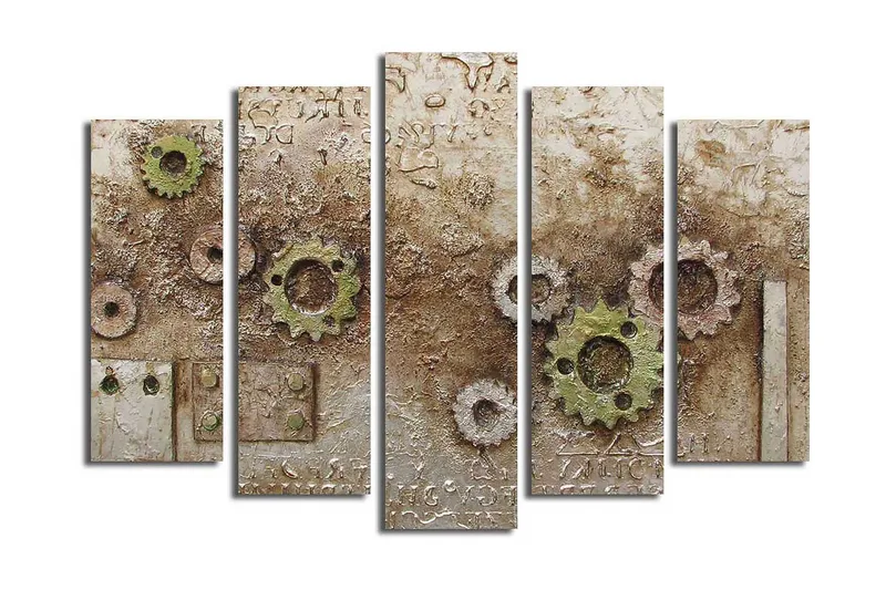 Suuri 5-osainen canvas-taulu 105x70 cm - Abstrakti sommitelma rattailla ja rakenteilla, Vihreä / Ruskea / Beige