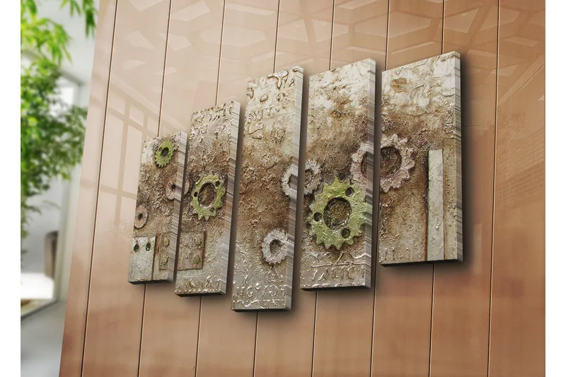 Suuri 5-osainen canvas-taulu 105x70 cm - Abstrakti sommitelma rattailla ja rakenteilla - Vihreä / Ruskea / Beige - Sisustustuotteet - Taulu & taide - Canvas-taulu