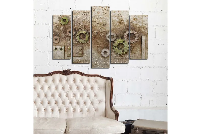Suuri 5-osainen canvas-taulu 105x70 cm - Abstrakti sommitelma rattailla ja rakenteilla - Vihreä / Ruskea / Beige - Sisustustuotteet - Taulu & taide - Canvas-taulu