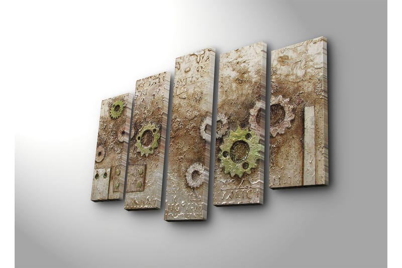 Suuri 5-osainen canvas-taulu 105x70 cm - Abstrakti sommitelma rattailla ja rakenteilla - Vihreä / Ruskea / Beige - Sisustustuotteet - Taulu & taide - Canvas-taulu