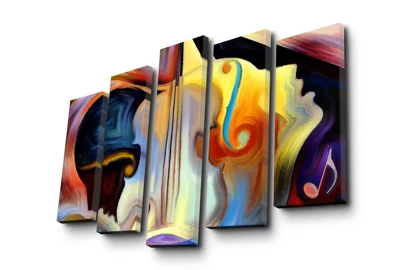 Suuri 5-osainen canvas-taulu 105x70 cm - Abstrakti sommitelma soittimilla ja kasvonpiirteillä, Tummansininen / Oranssi / Keltainen