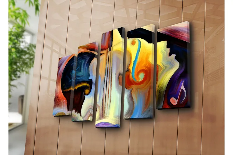 Suuri 5-osainen canvas-taulu 105x70 cm - Abstrakti sommitelma soittimilla ja kasvonpiirteillä - Tummansininen / Oranssi / Keltainen - Sisustustuotteet - Taulu & taide - Canvas-taulu