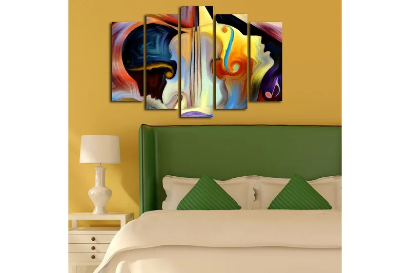 Suuri 5-osainen canvas-taulu 105x70 cm - Abstrakti sommitelma soittimilla ja kasvonpiirteillä - Tummansininen / Oranssi / Keltainen - Sisustustuotteet - Taulu & taide - Canvas-taulu