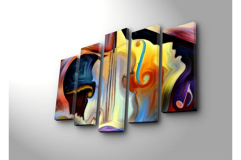 Suuri 5-osainen canvas-taulu 105x70 cm - Abstrakti sommitelma soittimilla ja kasvonpiirteillä - Tummansininen / Oranssi / Keltainen - Sisustustuotteet - Taulu & taide - Canvas-taulu