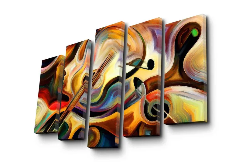 Suuri 5-osainen canvas-taulu 105x70 cm - Abstrakti sommitelma soittimilla ja kasvoprofiililla, Kulta / Punainen / Musta