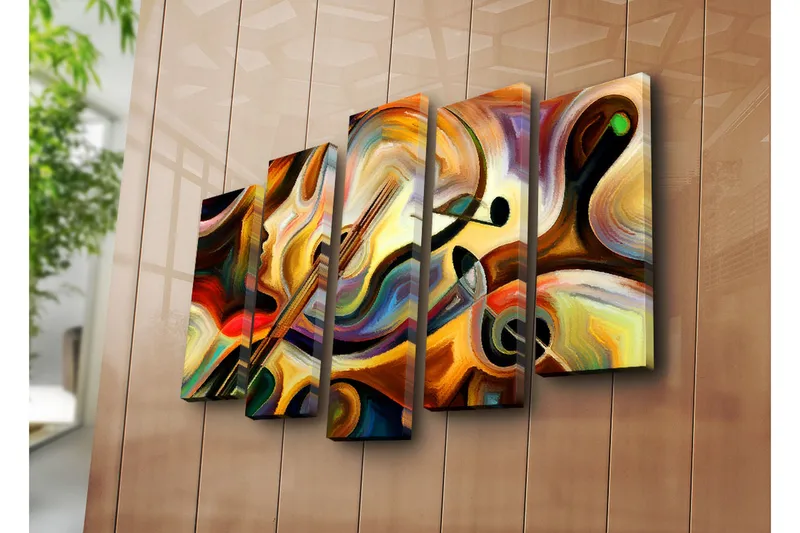 Suuri 5-osainen canvas-taulu 105x70 cm - Abstrakti sommitelma soittimilla ja kasvoprofiililla - Kulta / Punainen / Musta - Sisustustuotteet - Taulu & taide - Canvas-taulu