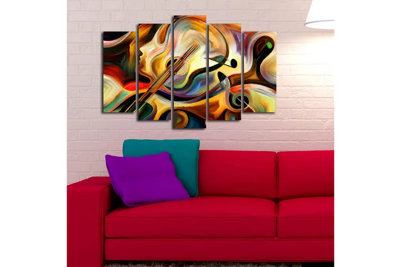 Suuri 5-osainen canvas-taulu 105x70 cm - Abstrakti sommitelma soittimilla ja kasvoprofiililla - Kulta / Punainen / Musta - Sisustustuotteet - Taulu & taide - Canvas-taulu