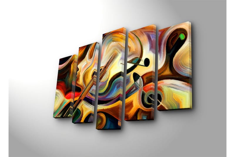 Suuri 5-osainen canvas-taulu 105x70 cm - Abstrakti sommitelma soittimilla ja kasvoprofiililla - Kulta / Punainen / Musta - Sisustustuotteet - Taulu & taide - Canvas-taulu