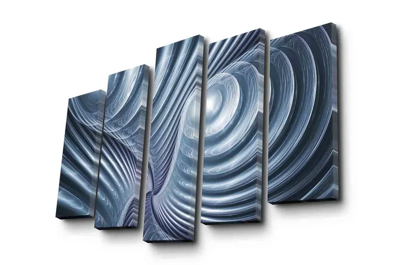 Suuri 5-osainen canvas-taulu 105x70 cm - Abstrakti sommitelma spiraaleilla ja aalloilla, Sininen / Harmaa / Valkoinen