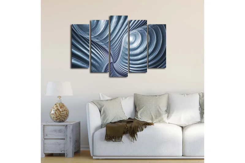 Suuri 5-osainen canvas-taulu 105x70 cm - Abstrakti sommitelma spiraaleilla ja aalloilla - Sininen / Harmaa / Valkoinen - Sisustustuotteet - Taulu & taide - Canvas-taulu