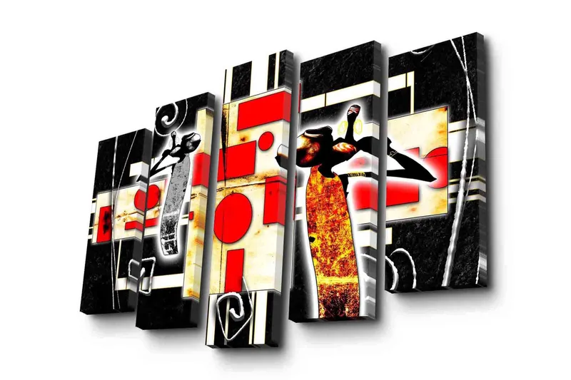 Suuri 5-osainen canvas-taulu 105x70 cm - Abstrakti sommitelma tanssivilla hahmoilla ja geometrisilla muodoilla, Punainen / Musta / Keltainen