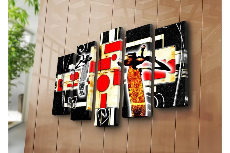 Suuri 5-osainen canvas-taulu 105x70 cm - Abstrakti sommitelma tanssivilla hahmoilla ja geometrisilla muodoilla - Punainen / Musta / Keltainen - Sisustustuotteet - Taulu & taide - Canvas-taulu