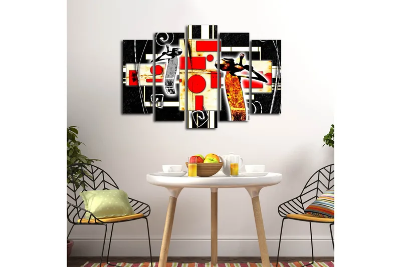Suuri 5-osainen canvas-taulu 105x70 cm - Abstrakti sommitelma tanssivilla hahmoilla ja geometrisilla muodoilla - Punainen / Musta / Keltainen - Sisustustuotteet - Taulu & taide - Canvas-taulu
