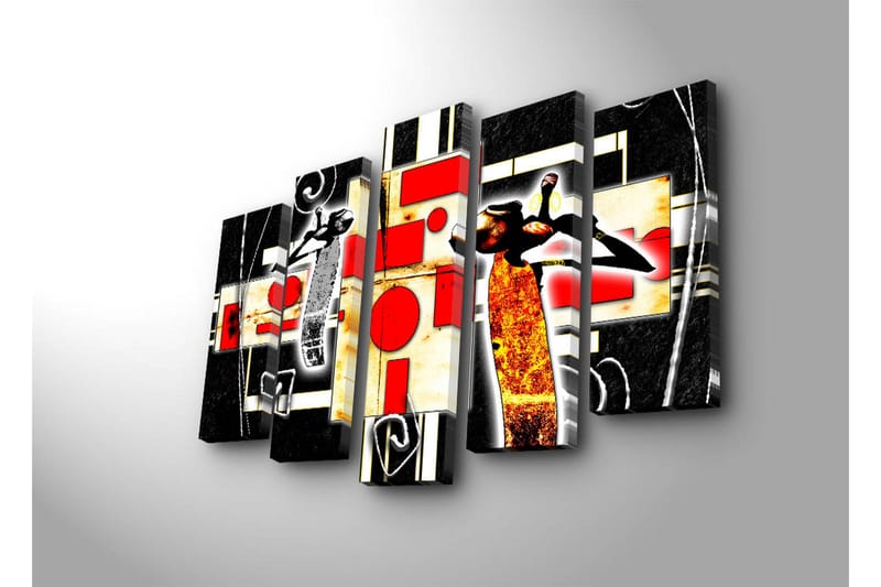 Suuri 5-osainen canvas-taulu 105x70 cm - Abstrakti sommitelma tanssivilla hahmoilla ja geometrisilla muodoilla - Punainen / Musta / Keltainen - Sisustustuotteet - Taulu & taide - Canvas-taulu