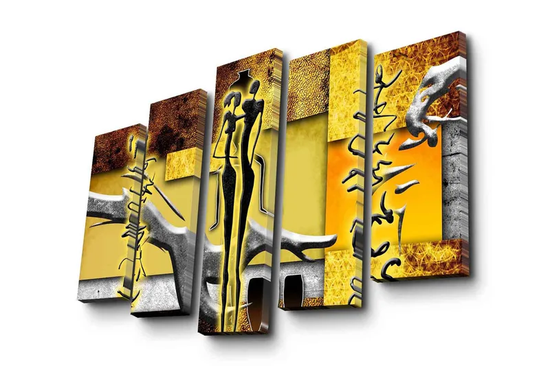 Suuri 5-osainen canvas-taulu 105x70 cm - Abstrakti sommitelma tyylitellyillä hahmoilla ja geometrisilla muodoilla, Keltainen / Musta / Ruskea
