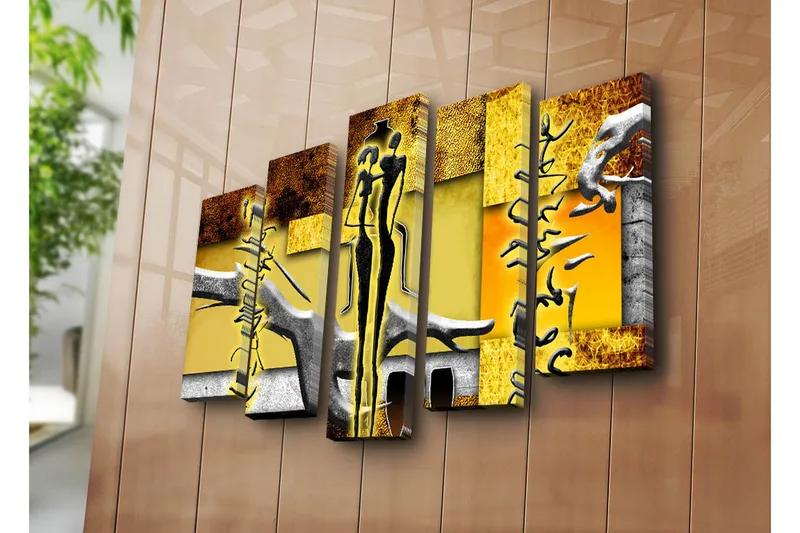 Suuri 5-osainen canvas-taulu 105x70 cm - Abstrakti sommitelma tyylitellyillä hahmoilla ja geometrisilla muodoilla - Keltainen / Musta / Ruskea - Sisustustuotteet - Taulu & taide - Canvas-taulu