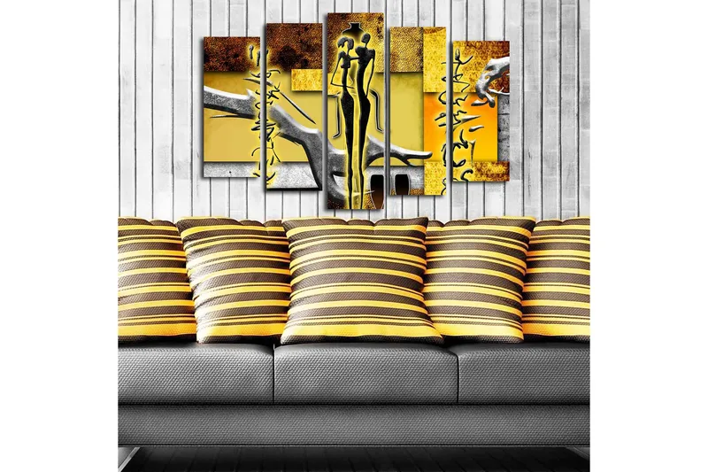 Suuri 5-osainen canvas-taulu 105x70 cm - Abstrakti sommitelma tyylitellyillä hahmoilla ja geometrisilla muodoilla - Keltainen / Musta / Ruskea - Sisustustuotteet - Taulu & taide - Canvas-taulu