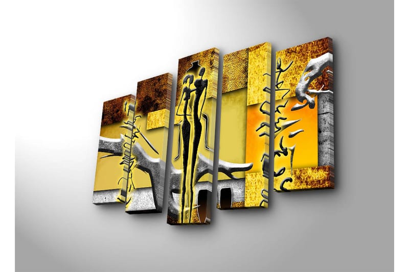 Suuri 5-osainen canvas-taulu 105x70 cm - Abstrakti sommitelma tyylitellyillä hahmoilla ja geometrisilla muodoilla - Keltainen / Musta / Ruskea - Sisustustuotteet - Taulu & taide - Canvas-taulu