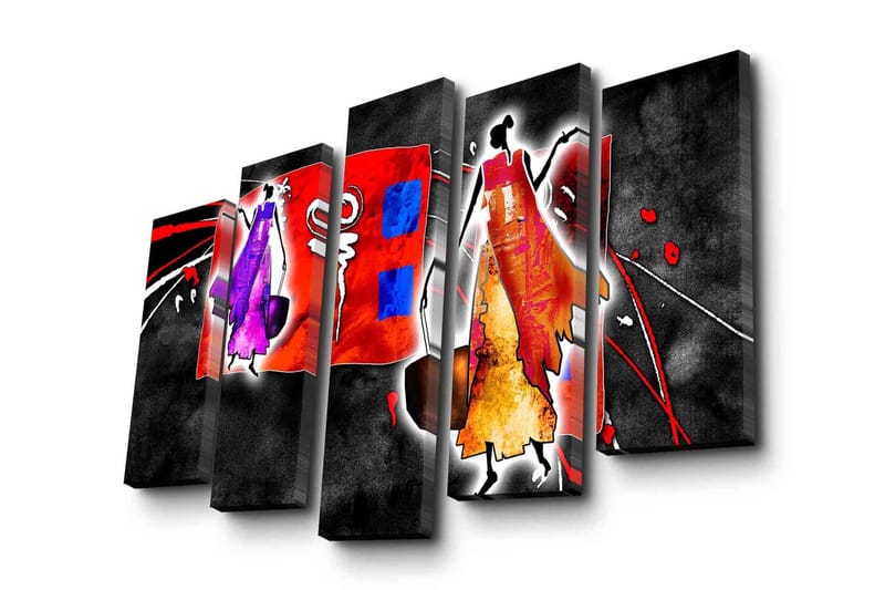 Suuri 5-osainen canvas-taulu 105x70 cm - Abstrakti sommitelma tyylitellyillä hahmoilla kirkkaissa väreissä, Punainen / Violetti / Oranssi