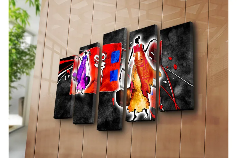 Suuri 5-osainen canvas-taulu 105x70 cm - Abstrakti sommitelma tyylitellyillä hahmoilla kirkkaissa väreissä - Punainen / Violetti / Oranssi - Sisustustuotteet - Taulu & taide - Canvas-taulu