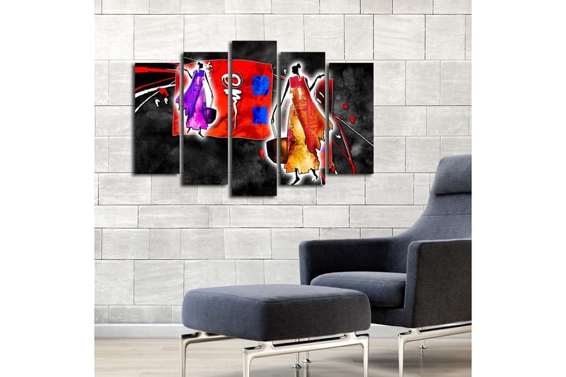 Suuri 5-osainen canvas-taulu 105x70 cm - Abstrakti sommitelma tyylitellyillä hahmoilla kirkkaissa väreissä - Punainen / Violetti / Oranssi - Sisustustuotteet - Taulu & taide - Canvas-taulu