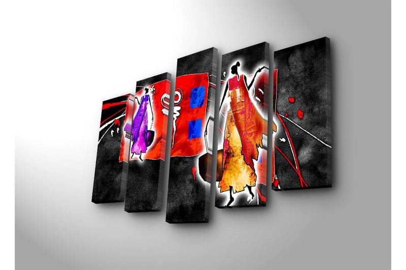 Suuri 5-osainen canvas-taulu 105x70 cm - Abstrakti sommitelma tyylitellyillä hahmoilla kirkkaissa väreissä - Punainen / Violetti / Oranssi - Sisustustuotteet - Taulu & taide - Canvas-taulu
