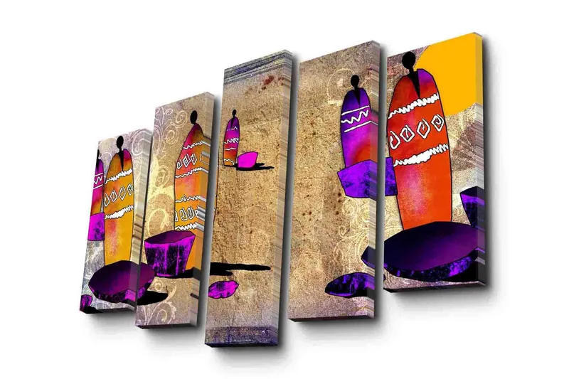 Suuri 5-osainen canvas-taulu 105x70 cm - Abstrakti sommitelma värikkäillä astioilla ja geometrisilla muodoilla, Violetti / Oranssi / Vaaleanpunainen