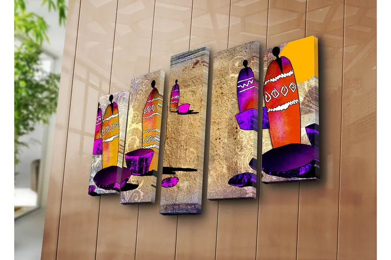 Suuri 5-osainen canvas-taulu 105x70 cm - Abstrakti sommitelma värikkäillä astioilla ja geometrisilla muodoilla - Violetti / Oranssi / Vaaleanpunainen - Sisustustuotteet - Taulu & taide - Canvas-taulu