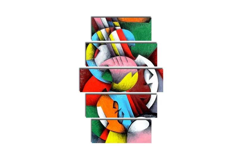 Suuri 5-osainen canvas-taulu 105x70 cm - Abstrakti sommitelma värikkäillä geometrisilla muodoilla, Punainen / Vihreä / Sininen