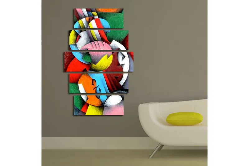 Suuri 5-osainen canvas-taulu 105x70 cm - Abstrakti sommitelma värikkäillä geometrisilla muodoilla - Punainen / Vihreä / Sininen - Sisustustuotteet - Taulu & taide - Canvas-taulu