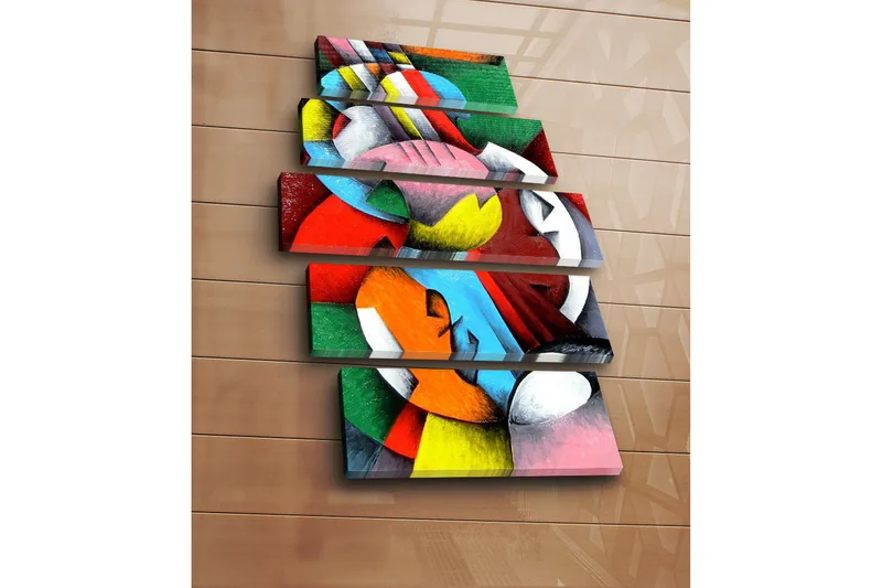 Suuri 5-osainen canvas-taulu 105x70 cm - Abstrakti sommitelma värikkäillä geometrisilla muodoilla - Punainen / Vihreä / Sininen - Sisustustuotteet - Taulu & taide - Canvas-taulu