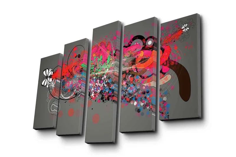 Suuri 5-osainen canvas-taulu 105x70 cm - Abstrakti sommitelma värikkäillä muodoilla ja kuvioilla, Punainen / Musta / Vihreä