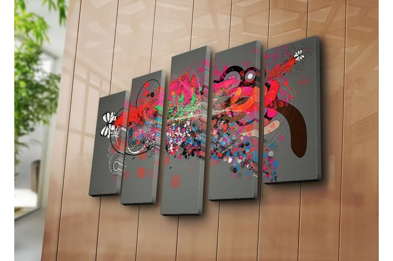 Suuri 5-osainen canvas-taulu 105x70 cm - Abstrakti sommitelma värikkäillä muodoilla ja kuvioilla - Punainen / Musta / Vihreä - Sisustustuotteet - Taulu & taide - Canvas-taulu