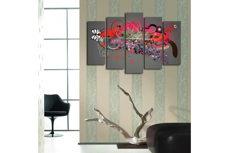 Suuri 5-osainen canvas-taulu 105x70 cm - Abstrakti sommitelma värikkäillä muodoilla ja kuvioilla - Punainen / Musta / Vihreä - Sisustustuotteet - Taulu & taide - Canvas-taulu