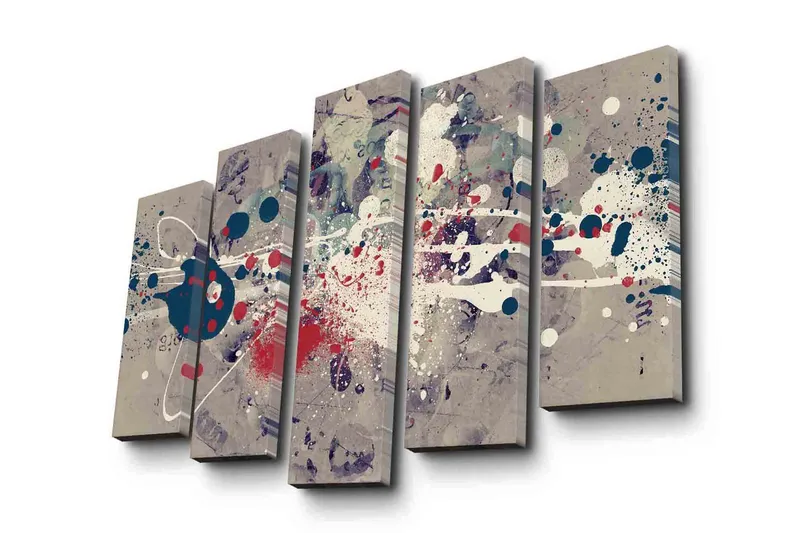 Suuri 5-osainen canvas-taulu 105x70 cm - Abstrakti sommitelma värikkäillä roiskeilla ja geometrisilla muodoilla, Tummansininen / Punainen / Valkoinen