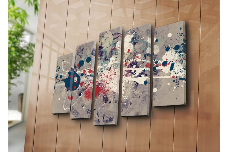 Suuri 5-osainen canvas-taulu 105x70 cm - Abstrakti sommitelma värikkäillä roiskeilla ja geometrisilla muodoilla - Tummansininen / Punainen / Valkoinen - Sisustustuotteet - Taulu & taide - Canvas-taulu