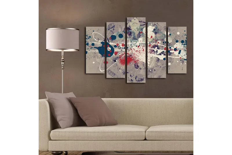 Suuri 5-osainen canvas-taulu 105x70 cm - Abstrakti sommitelma värikkäillä roiskeilla ja geometrisilla muodoilla - Tummansininen / Punainen / Valkoinen - Sisustustuotteet - Taulu & taide - Canvas-taulu