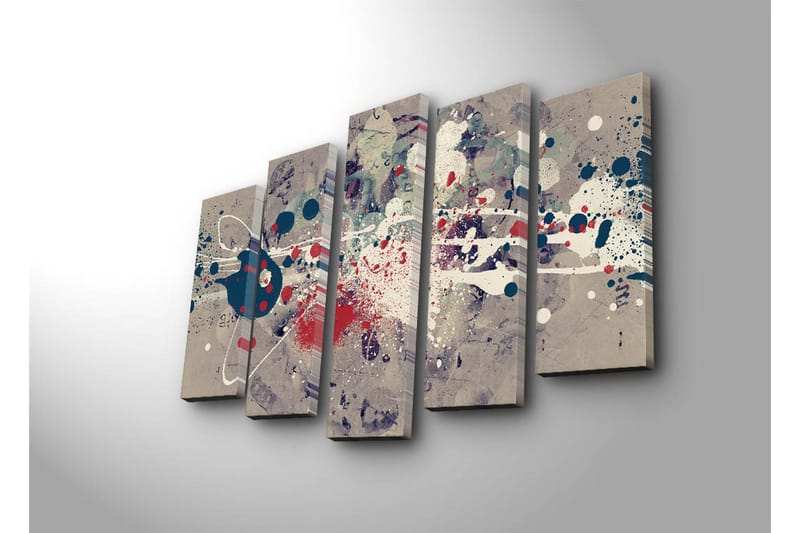 Suuri 5-osainen canvas-taulu 105x70 cm - Abstrakti sommitelma värikkäillä roiskeilla ja geometrisilla muodoilla - Tummansininen / Punainen / Valkoinen - Sisustustuotteet - Taulu & taide - Canvas-taulu