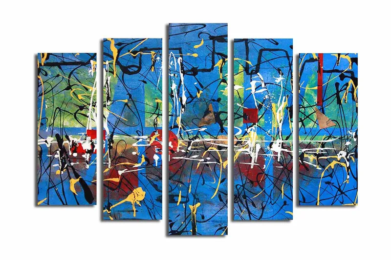 Suuri 5-osainen canvas-taulu 105x70 cm - Abstrakti sommitelma värikkäillä viivoilla ja muodoilla, Sininen / Keltainen / Punainen