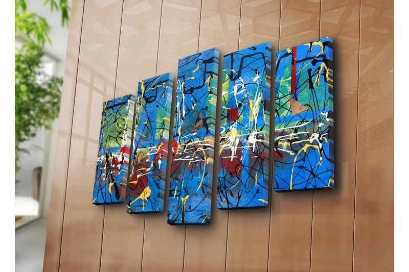 Suuri 5-osainen canvas-taulu 105x70 cm - Abstrakti sommitelma värikkäillä viivoilla ja muodoilla - Sininen / Keltainen / Punainen - Sisustustuotteet - Taulu & taide - Canvas-taulu