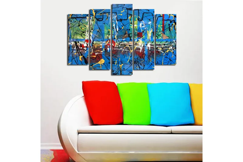 Suuri 5-osainen canvas-taulu 105x70 cm - Abstrakti sommitelma värikkäillä viivoilla ja muodoilla - Sininen / Keltainen / Punainen - Sisustustuotteet - Taulu & taide - Canvas-taulu